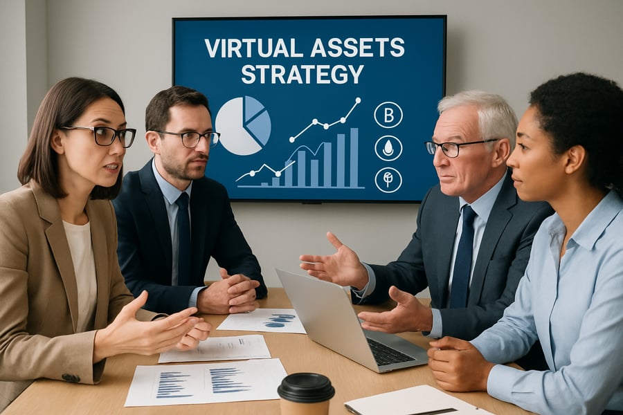 Consultants discussing virtual assets strategy with financial professionals