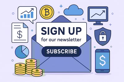 Newsletter signup illustration featuring digital assets and financial technology icons